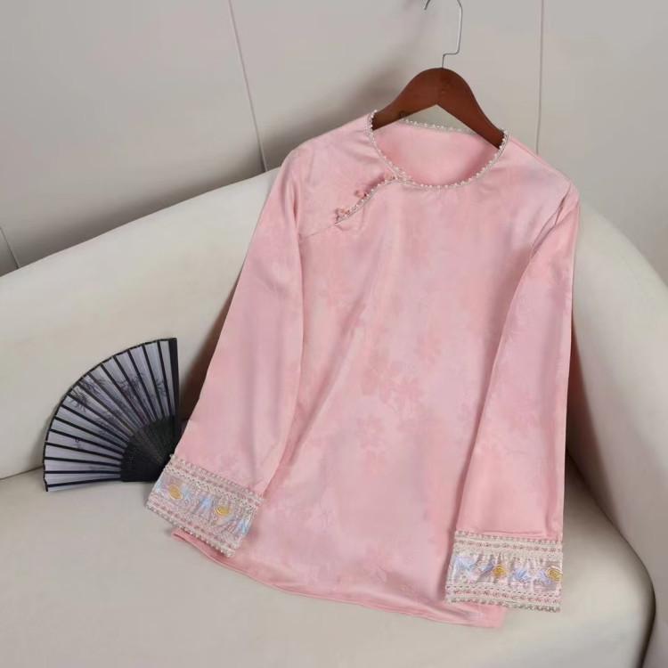 

Autumn Retro Jacquard Embroidery Women s Long Sleeve Slimming Top M [105-120 lbs] розовый