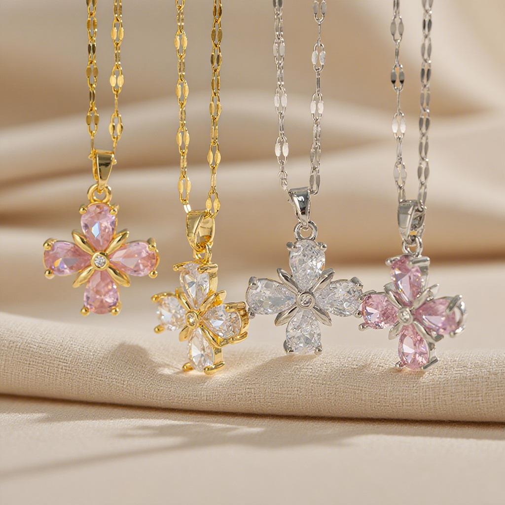 Versatile Niche‑Style Titanium‑Steel Women Necklace, Four‑Petal‑Flower Zircon‑Inlaid Advanced‑Design Collarbone Chain