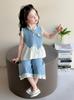 Girls' 2026 Summer Denim Vest & Wide-Leg Pants Set with Lace Trim