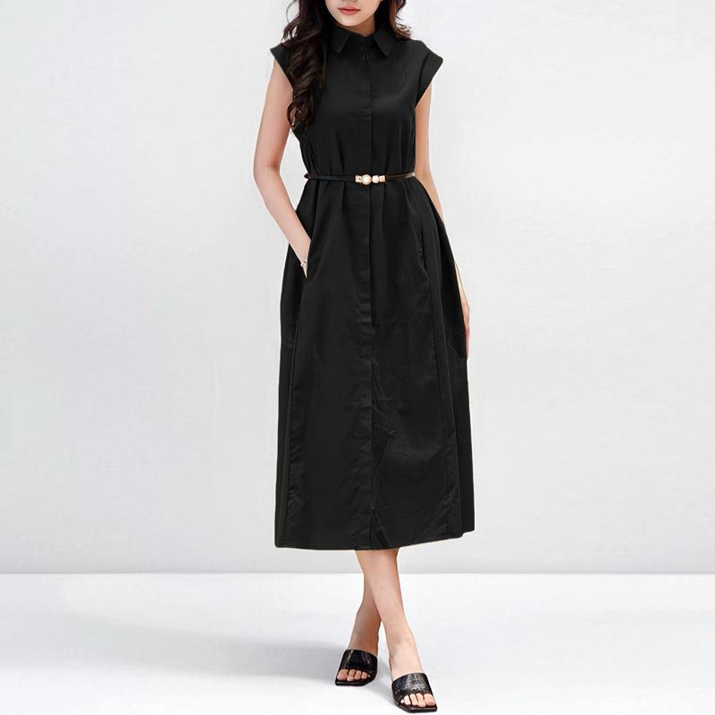 ZANZEA Women Casual Turn Down Collar Sleeveless Elegant Dress S чёрный