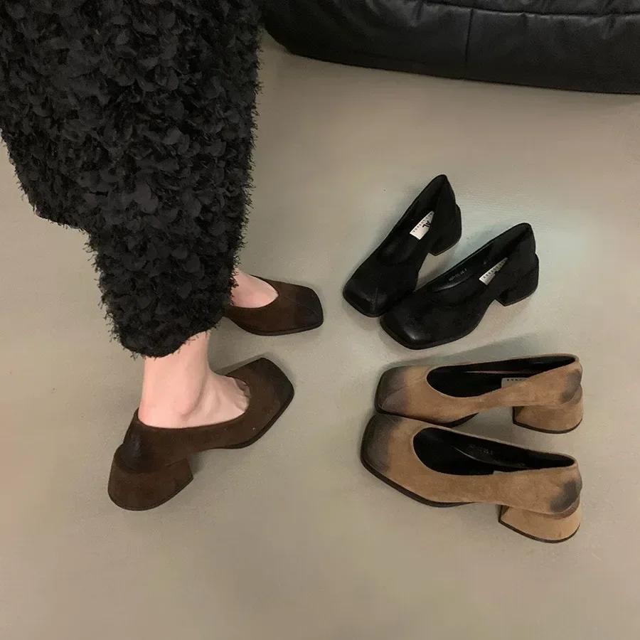 Fashion Retro Style Thick Heel Women Square Toe Shoes 2024 Fashion Shallow PU Leather Single Shoes Ladies Comfort Office Pumps