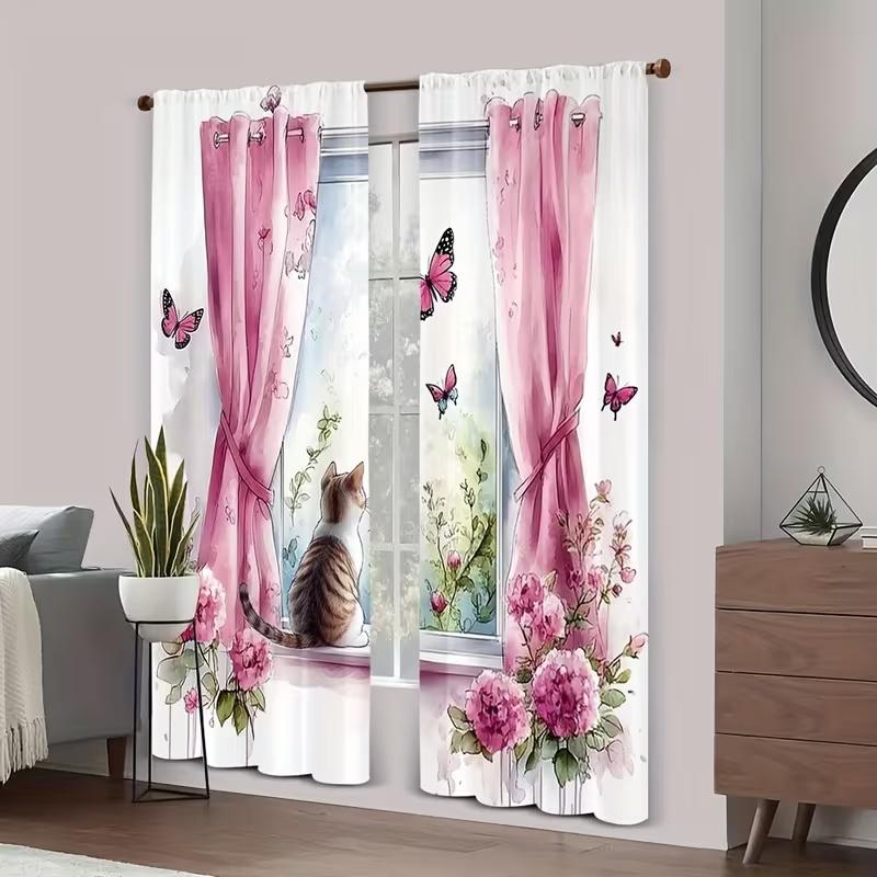 2Pcs Cat on the windowsill print curtains,suitable for bedroom,living room kitchen decoration,home decoration,window decoration