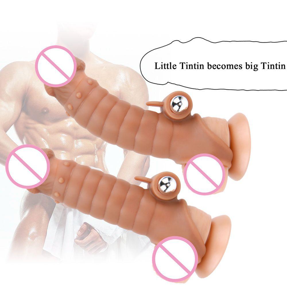 Pénis Mâle Augmentation Manches Longues Silicone Sexe Épaississement Extension Préservatif Vibration Verrouillage Anneau Fin Manches à Pointes Amusantes