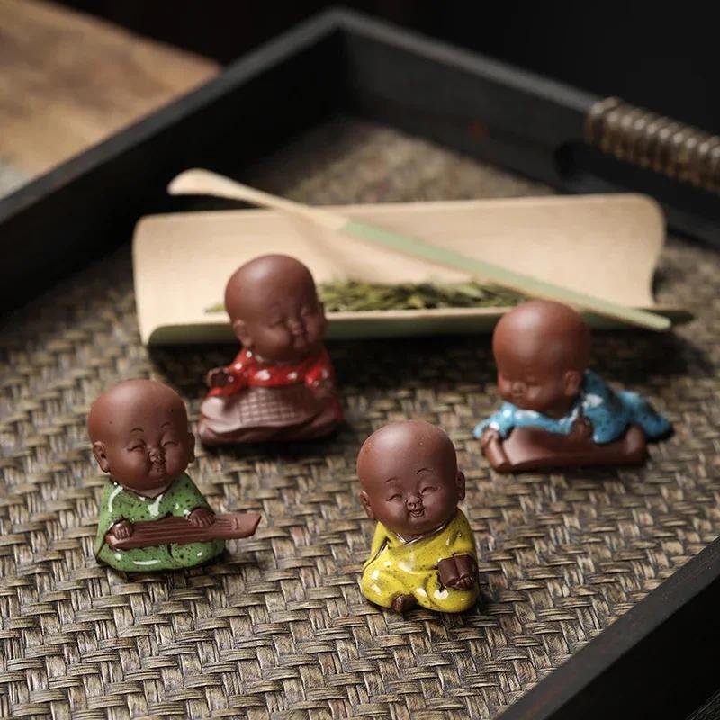 Creative Purple Clay Tea Pet Ornament Lovely Small Buddha Monk Figurine Handmade Sculpture Tea Set Decor Garden Bonsai Art