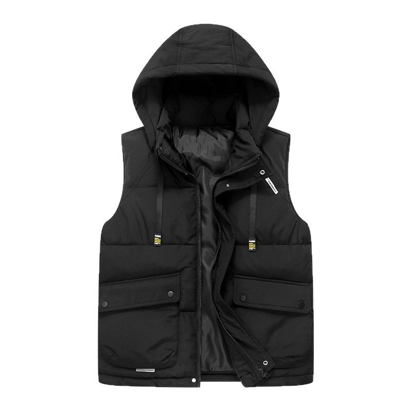 Large Pocket Cotton Vest Men's Autumn and Winter Trend Thickened Thermal Vest Student Hooded Jacket