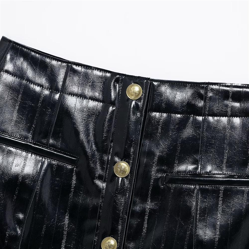 2025 Spring Women's Slim Fit A-Line High Waist Shiny Faux Leather Single-Breasted Decorative Short Skirt