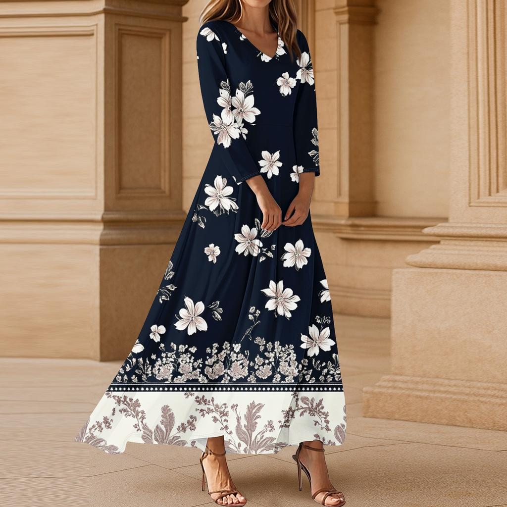Women's Casual 3/4 Sleeve V-Neck Floral Print Maxi A-Line Beach Dress