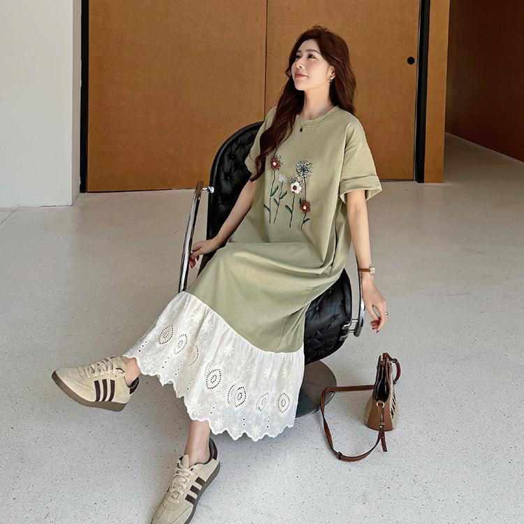 Women Summer Midi Dress O Neck Short Sleeve Patchwork Plus Size Long Dress Loose Lace Ruffles Maxi Dress