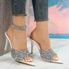 Fashion Fashionable Versatile High Heel Slippers Pointed Toe Rhinestone Decorated One-piece Strap Sandals Casual Elegant Ladies Shoes