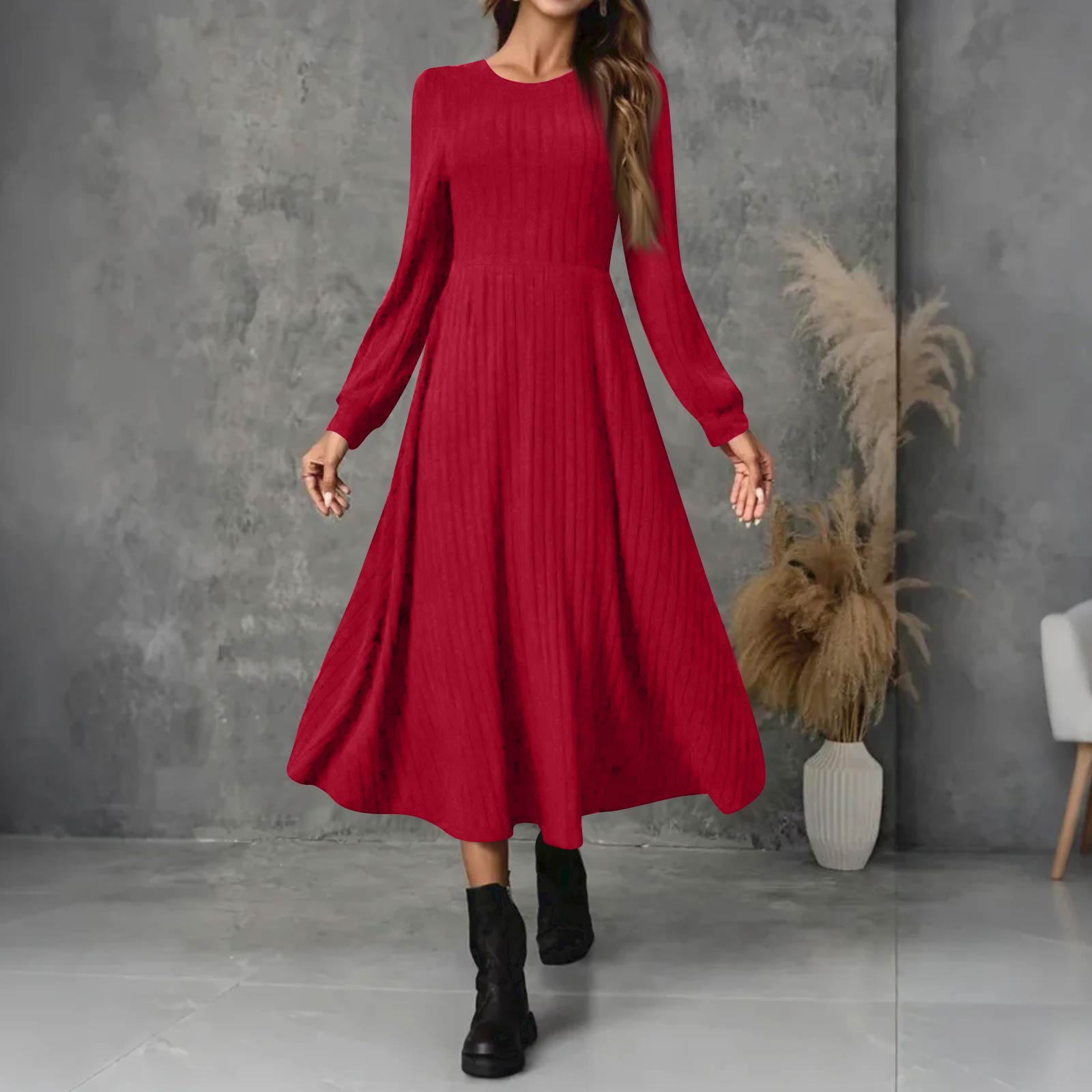 

Женское модное повседневное макси-платье с круглым вырезом и длинными рукавами, однотонное, с ребристой отделкой и деталями с бахромой XL красный