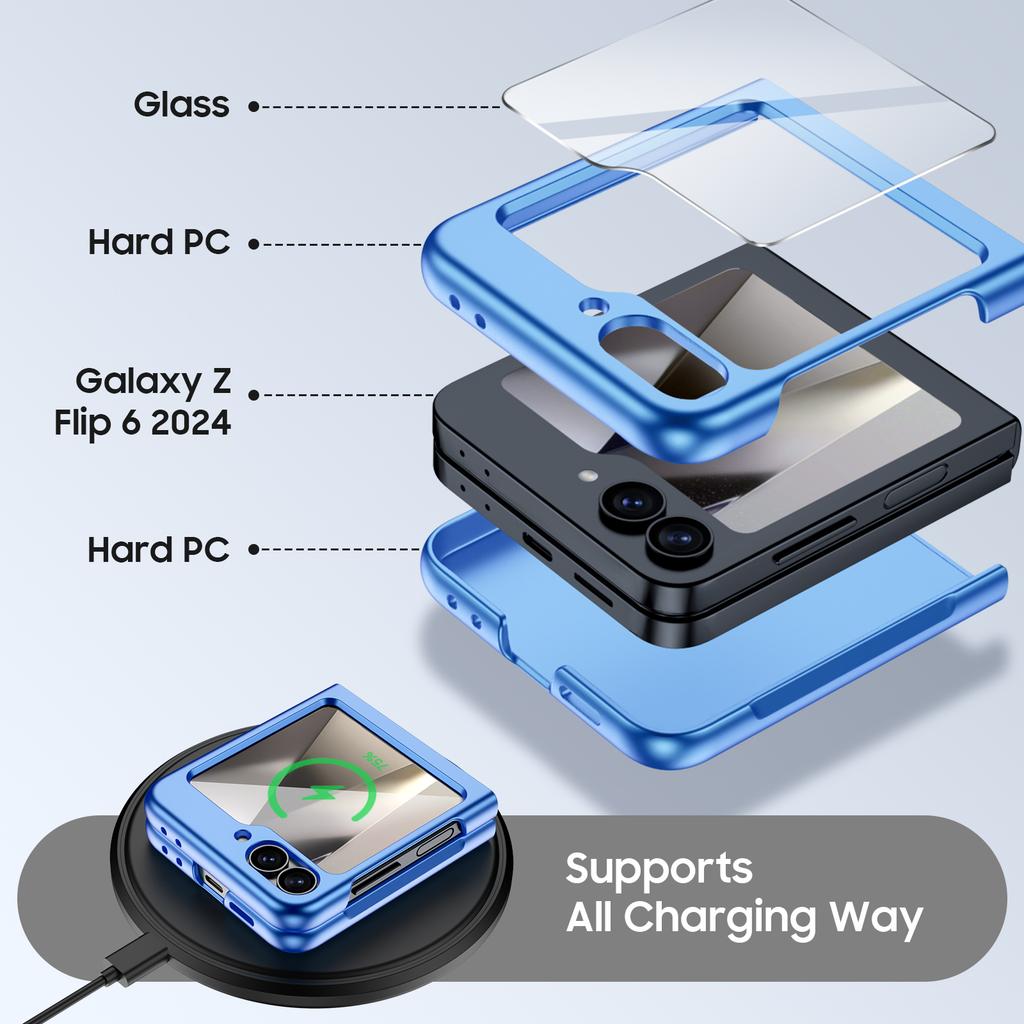 Slim Hard PC Case for Galaxy Z Flip 6 with Built-in Screen Protector,Shockproof Anti-Scratch Full Body Protection Cover,For Wireless Charging-Blue