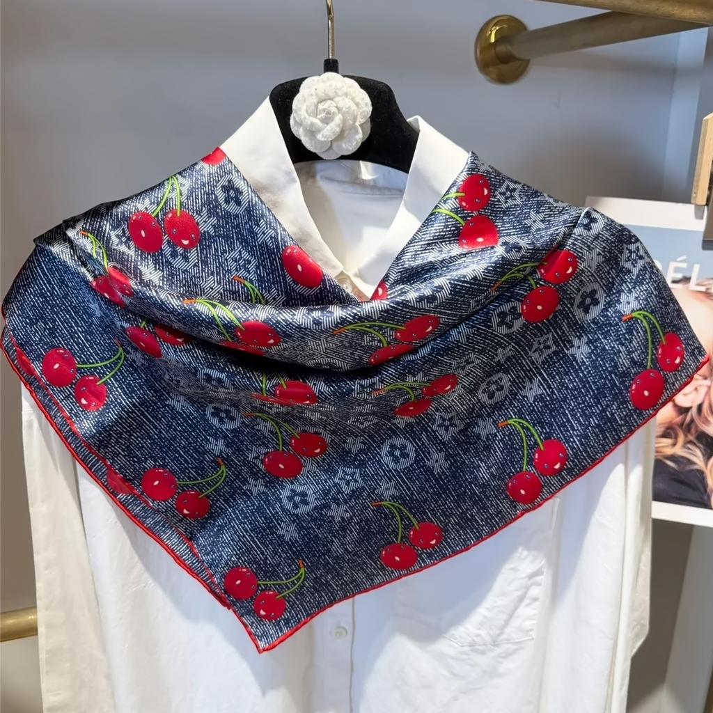 Navy Blue Red Women Pure Silk Scarves Hijabs Elegant Cherry Design 100% Mulberry Silk Square Neck Scarf Shawl 86*86cm