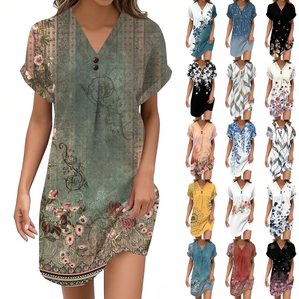 Women's V-neck Vintage Floral Print Pullover Casual Button Dress