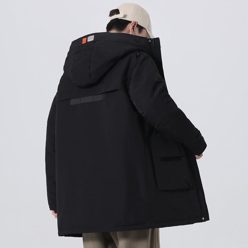 Cargo down jacket male mid-length solid color fashion couple white duck down hooded down jacket for men