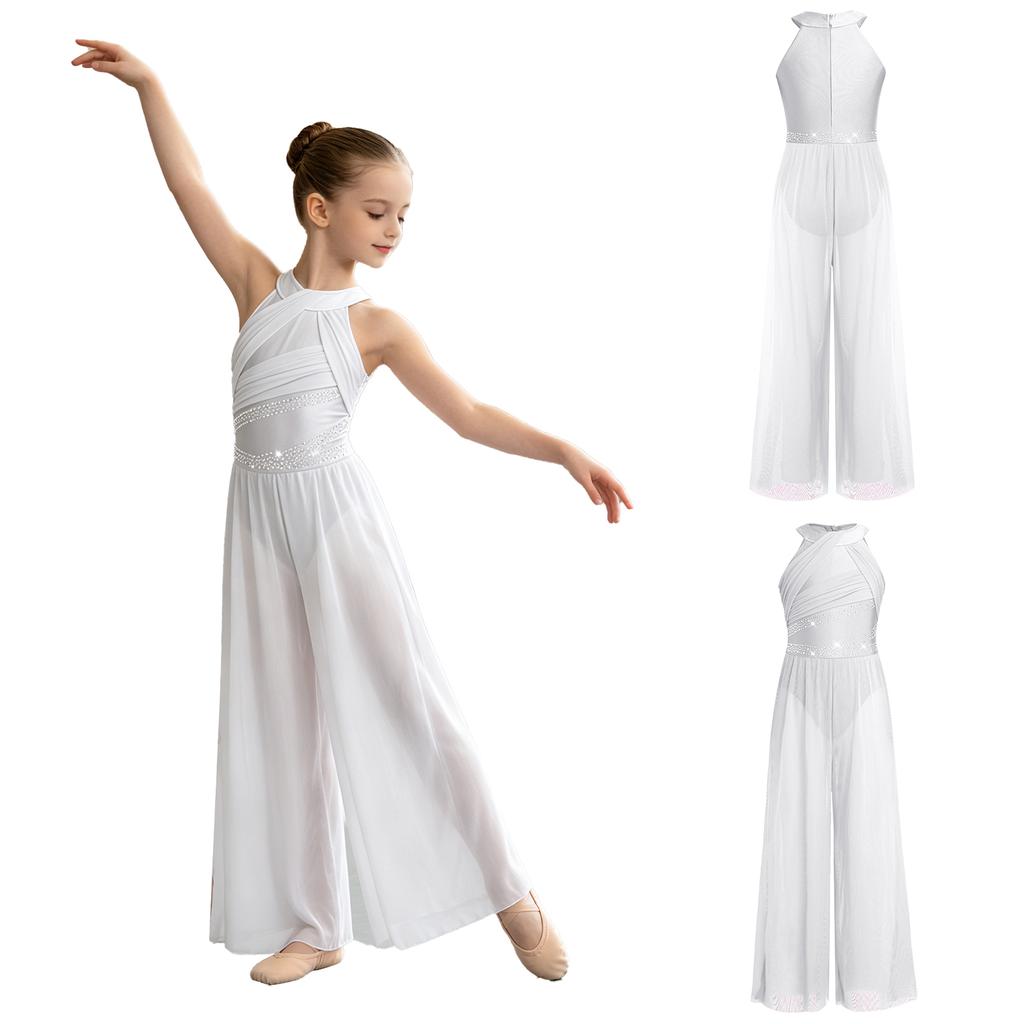 Girls Contemporary Dance Bodysuit Rhinestone Embellished Ruched Bodice Mesh Wide Leg Sleeveless Jumpsuit with Back Hidden Zipper for Recital Show