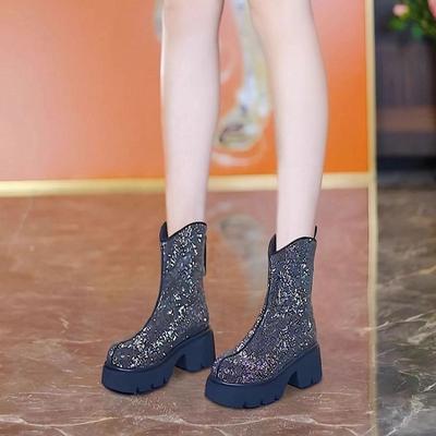 Mittelhohe Stiefel Herbst Neu Runde Zehen Pailletten Plateau Rutschfest Abriebfest Blockabsatz Schuhe