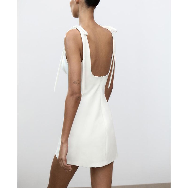 Spring and Summer New Women's Clothing Shoulder Strap Design Square Collar Sleeveless Bowknot Decoration Stretch Short Dress 3067370