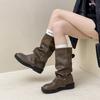 2025 retro belt buckle trousers women's western cowboy boots autumn and winter knee-high fashion boots