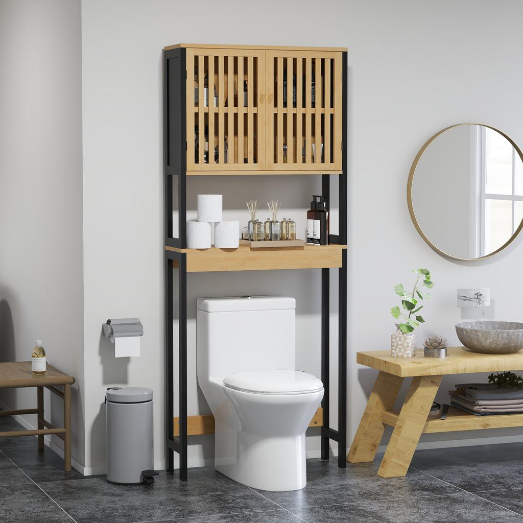 Estantería para inodoro mueble de baño unidad sobre WC con armario de 2 puertas y estante abierto, bambú
