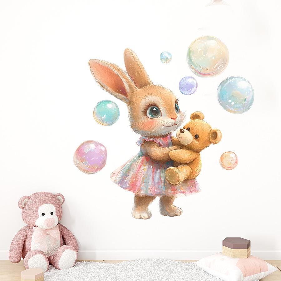 Cute Cartoon Baby Bunny Wall Stickers, Self-Adhesive Decor for Bedroom Living Room Dorm Fridge Nursery Decoration