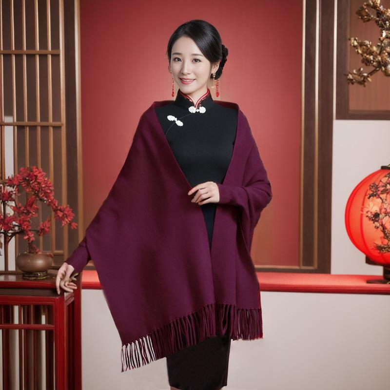 Women's Happy Mother-in-law Cheongsam Shawl Cape - Autumn/Winter Wedding Banquet Outerwear with Sleeves