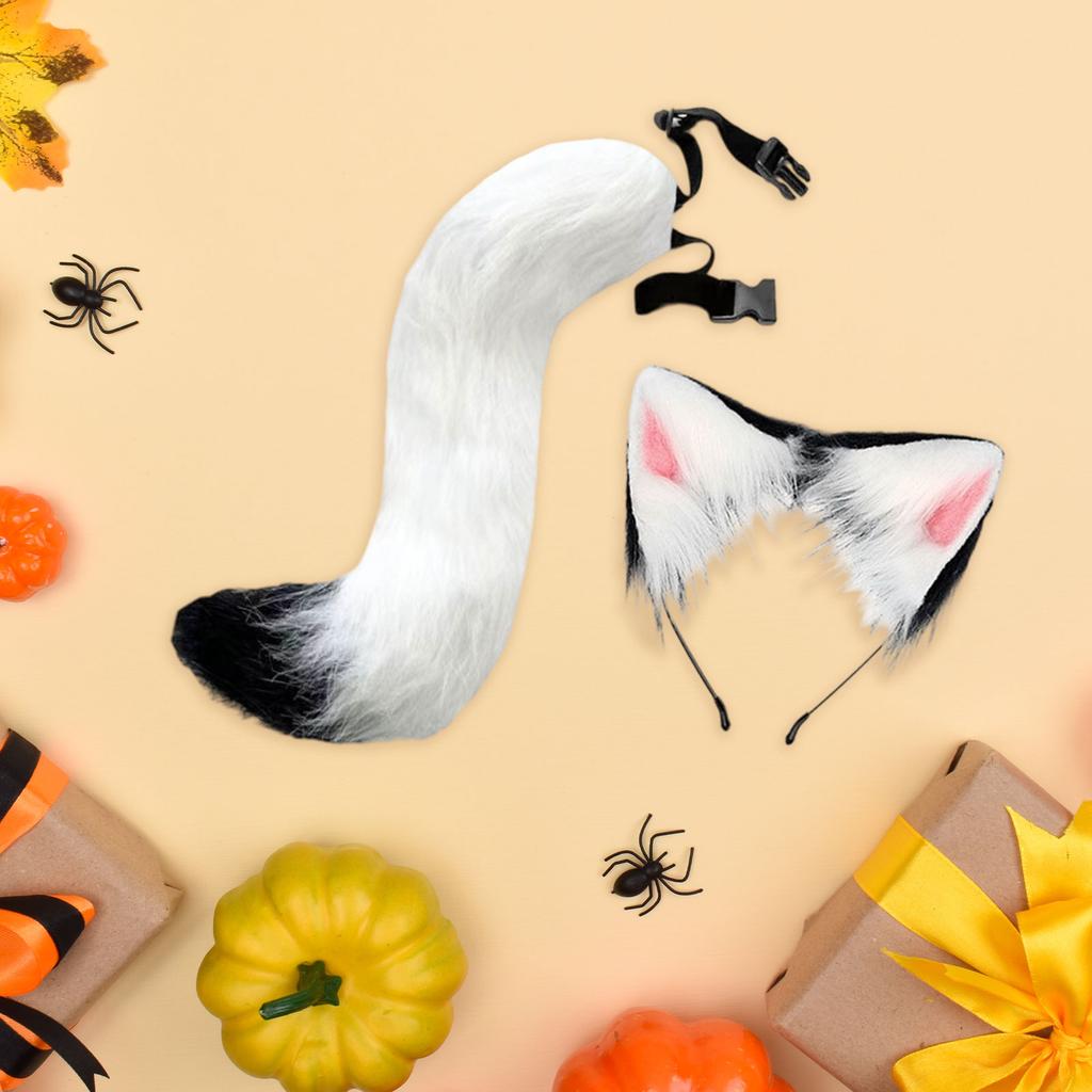 Soft Plush Cat Fox Ears And Tail Set with Adjustable Strap for Cosplay Costume Party Performance Dress up