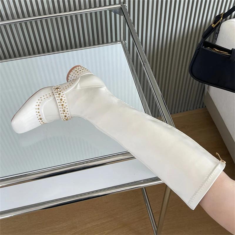 Eilyken Autumn Winter Design Metal Decoration Splicing Woman Knee-High Boots Fashion Zipper Low Heels Shoes  De Mujer