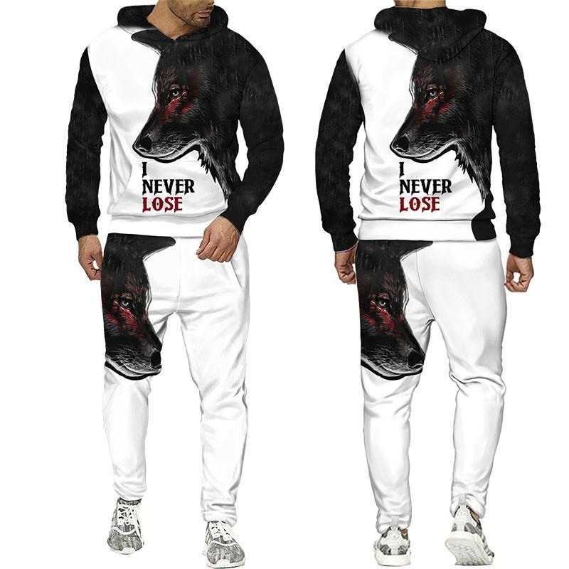 Mens Hooded Sweatshirt Set Wolf 3D Print Long Sleeve Tracksuit Streetwear Casual Fall Winter