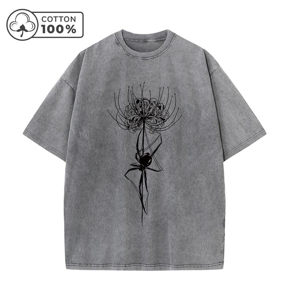 

Mens Red Spider Lily Print Washed TShirt Casual Pure Cotton Crew Neck Short Sleeve Everyday Street Style Commute Fitness Top S