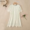 ZANZEA Vestido Casual de Mujer con Cuello Redondo y Manga Corta con Encaje Patchwork