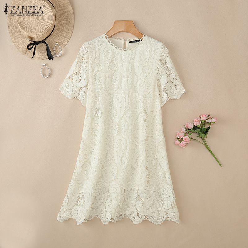 ZANZEA Vestido Casual de Mujer con Cuello Redondo y Manga Corta con Encaje Patchwork