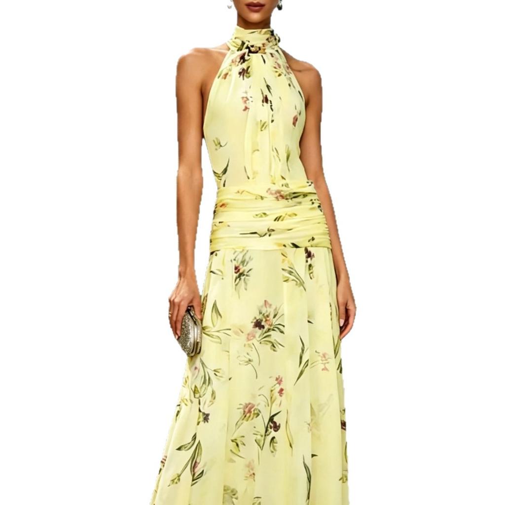 Europäisches und amerikanisches, französisches Halsblumenkleid, farbenfrohes Chiffon-Faltenbund ärmelloses schulterfreies Feenkleid