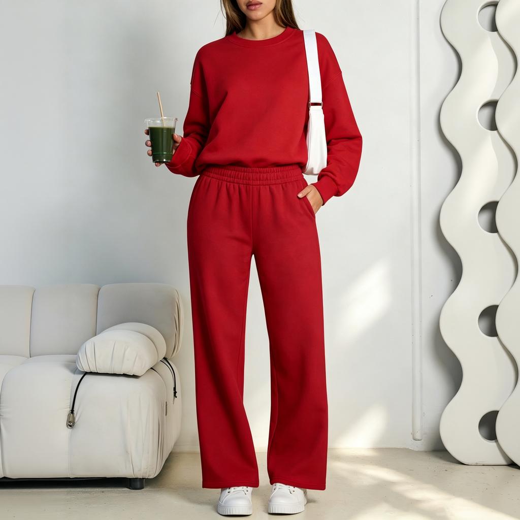 Felpa con Collo Colorato da Donna e Pantaloni Larghi Casual Set da 2 Pezzi