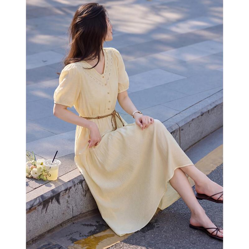 Women's Summer V-Neck A-Line Short Sleeve Tie-Waist Dress