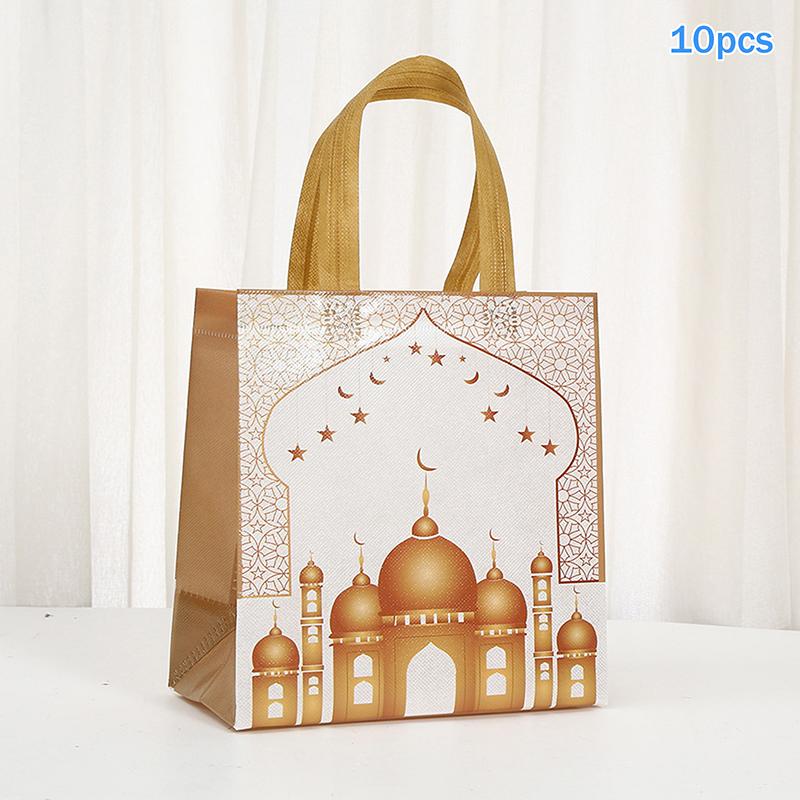 10Pcs Eid Mubarak Gift Bag Nonwoven Cookie Candy Packaging Bag Box Ramadan Kareem Muslim Islamic Festival Party Supplies