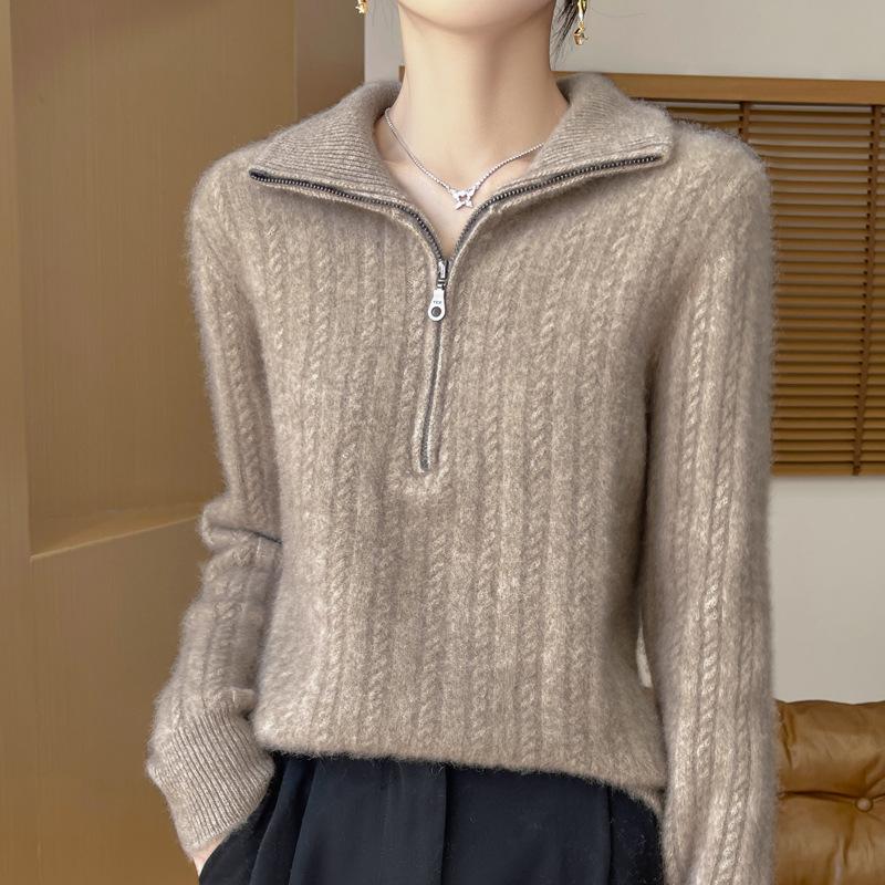 

Women s High Neck Zipper Jacquard Loose Wool Sweater Extra Large