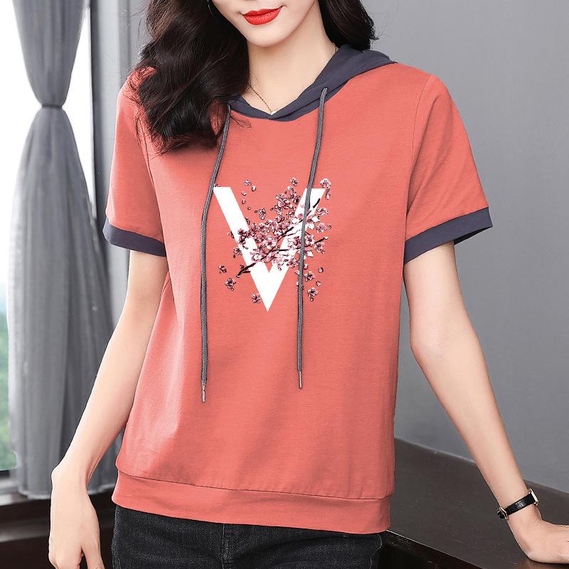 

Женская толстовка с капюшоном и короткими рукавами в корейском стиле, из 100% чистого хлопка, летняя, приталенная (2025) L (recommended 45-52.5 kg)