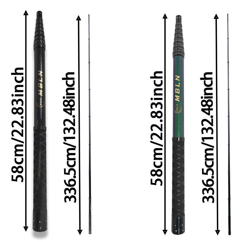 Ultra-compact retractable carbon fiber landing net handles: 58cm retracted, 336.5cm extended.