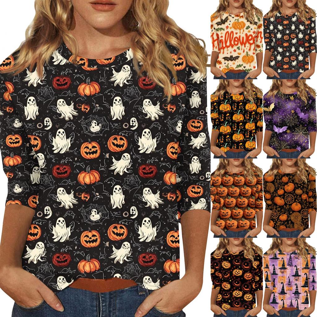 Women's Fashion Casual Three-quarter Sleeve Halloween Printed Round Neck Top