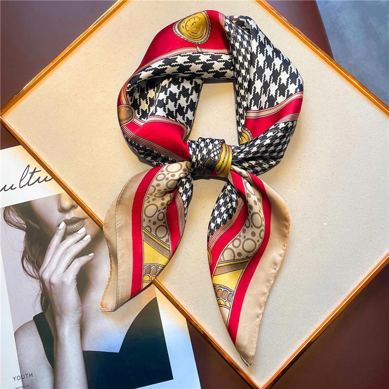 Thousand Birds Plaid Scarf Simulation Silk Square Scarf Small Silk Scarf Versatile Scarf Decorative Tie Hair European and American Style New Women