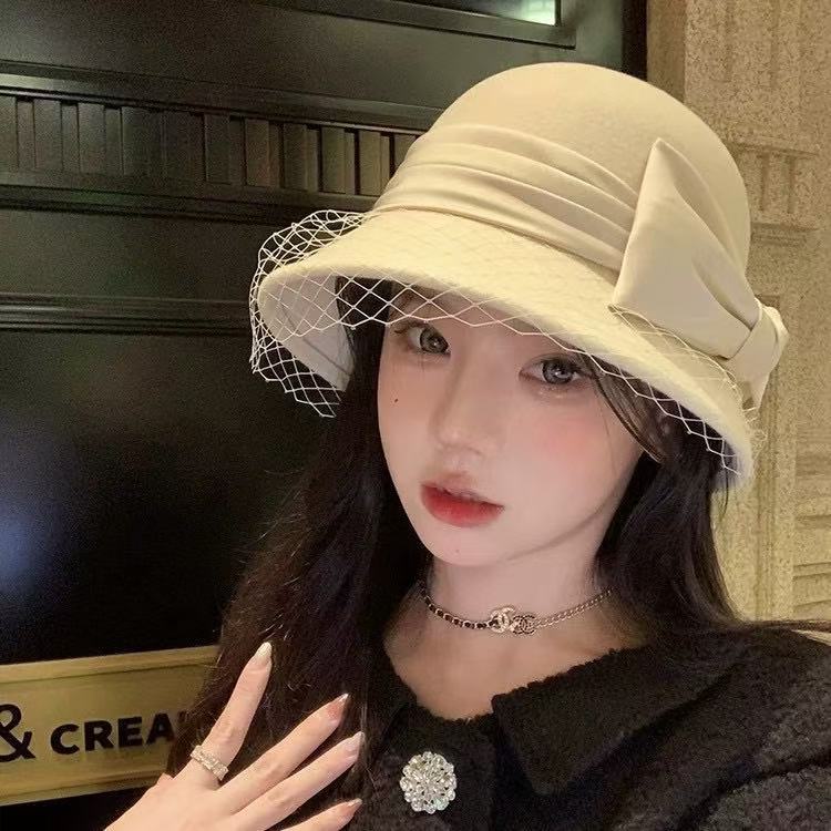 French elegant mesh bow 100% wool bucket hat women's autumn and winter Hepburn basin hat temperament celebrity top hat