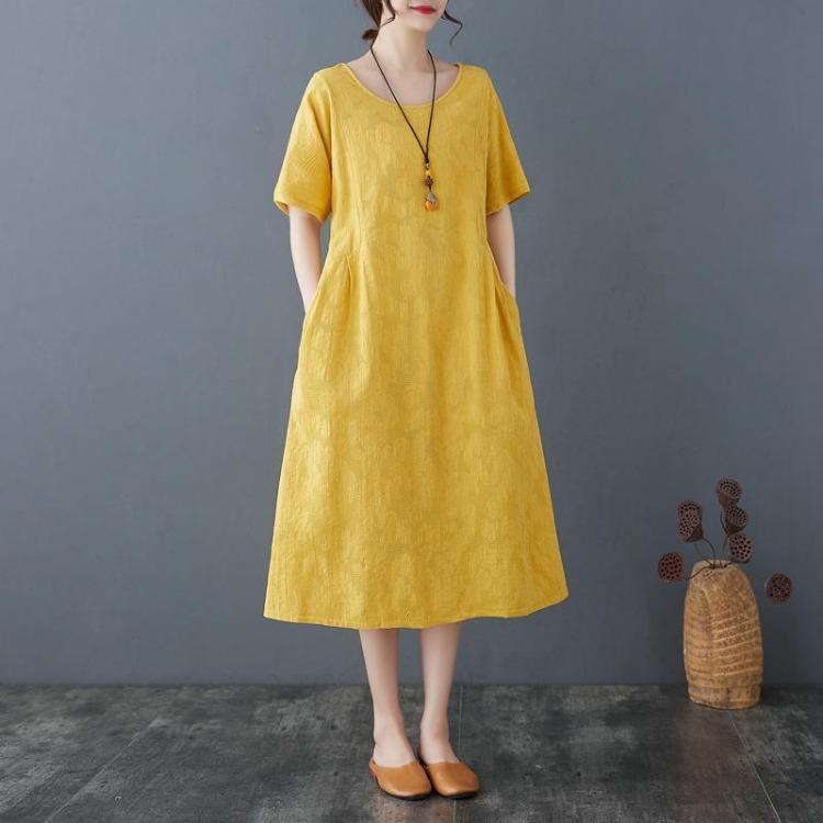 Vintage Floral Jacquard Casual Dress Women Summer Loose Fit Basic Plus Size Short Sleeve Solid Lady Dress