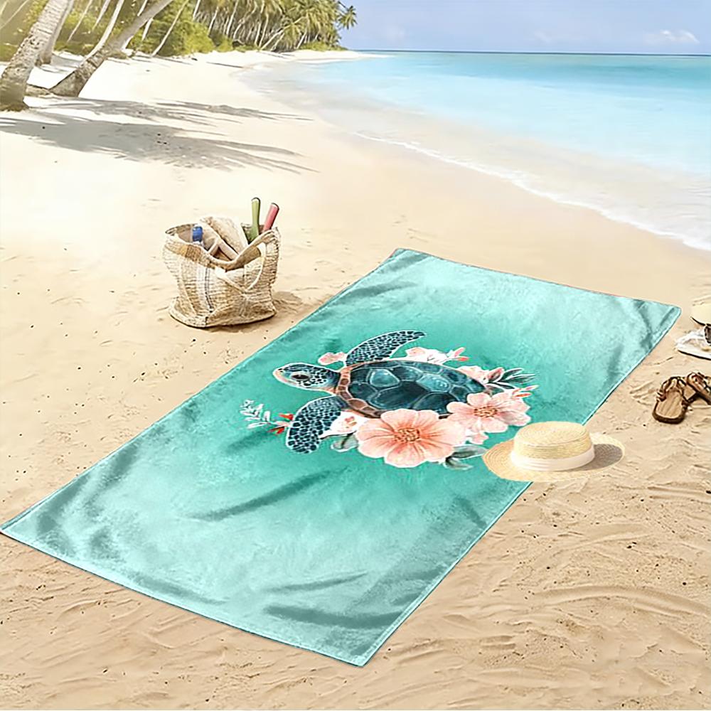 Floral Turtle Design on Teal Background Beach towel quick-drying for travel outdoor sports jogging beach and swimming