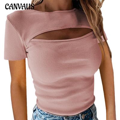 T-shirt da donna estiva Petto sexy scavato a maniche corte a costine Top torace da esposizione sexy alla moda femminile