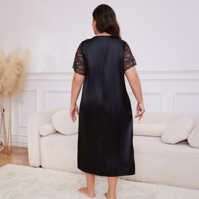 Plus Size Womens Lightweight Satin Sleep Dress With V-Neck Short Sleeve Loose Nightgown Home Wear