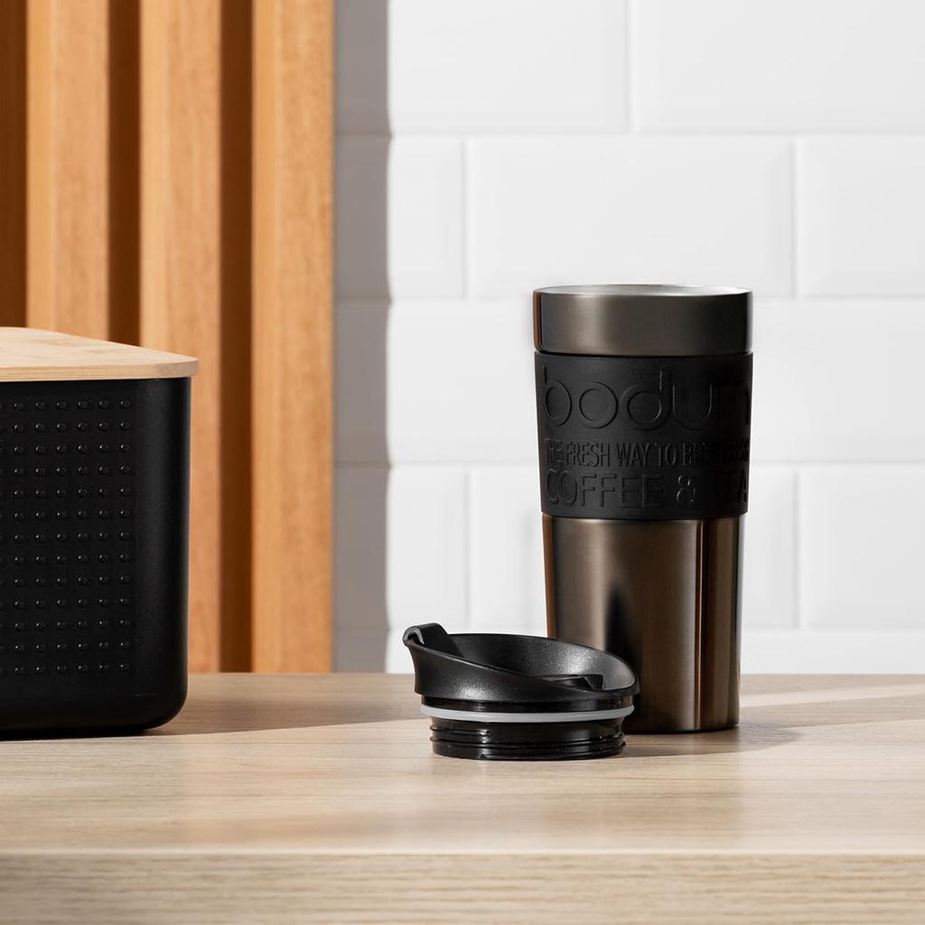BODUM TRAVEL MUG, 350ml Gunmetal Stainless Steel Tumbler, Insulates Hot or Cold Drinks, Double-Walled Design, Dishwasher Safe, Outdoor Use