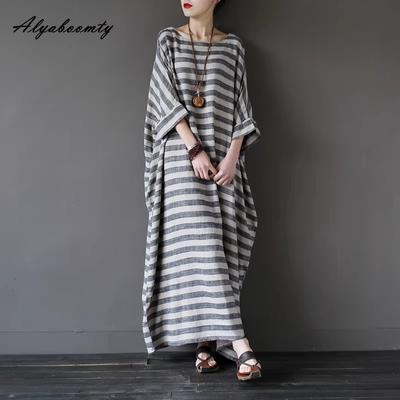 Plus Size Sommer Herbst Damen Langes Kleid Übergroß Gestreift Grau Khaki Locker Vintage Kleid Fledermausärmel Baumwolle Leinen Retro Kleid