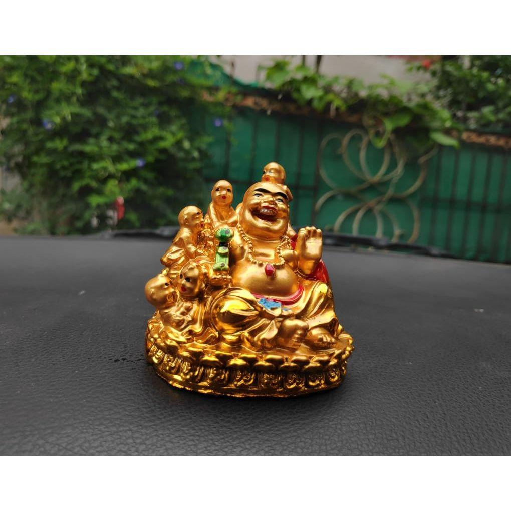 Laughing Buddha with 5 Children Idol Statue Showpiece Happiness and Money Wealth Sitting Idol for Home Decor Living Room