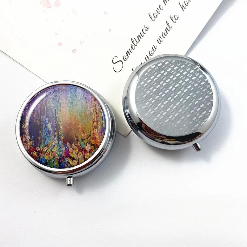 Metal Round Natural Flowers Pill Boxes Holder 3 Grids Medicine Case Small Portable Case Container Splitters