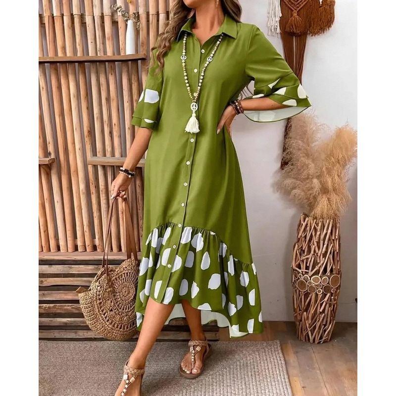 Patchwork Dress European and American 2025 Summer New Women Fashion Casual Patchwork Polka Dot Long Shirt Dress
